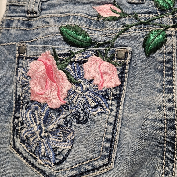Petrol bootcut jeans with embroidered pink flowers skull and lizard size 28 - Picture 2 of 10